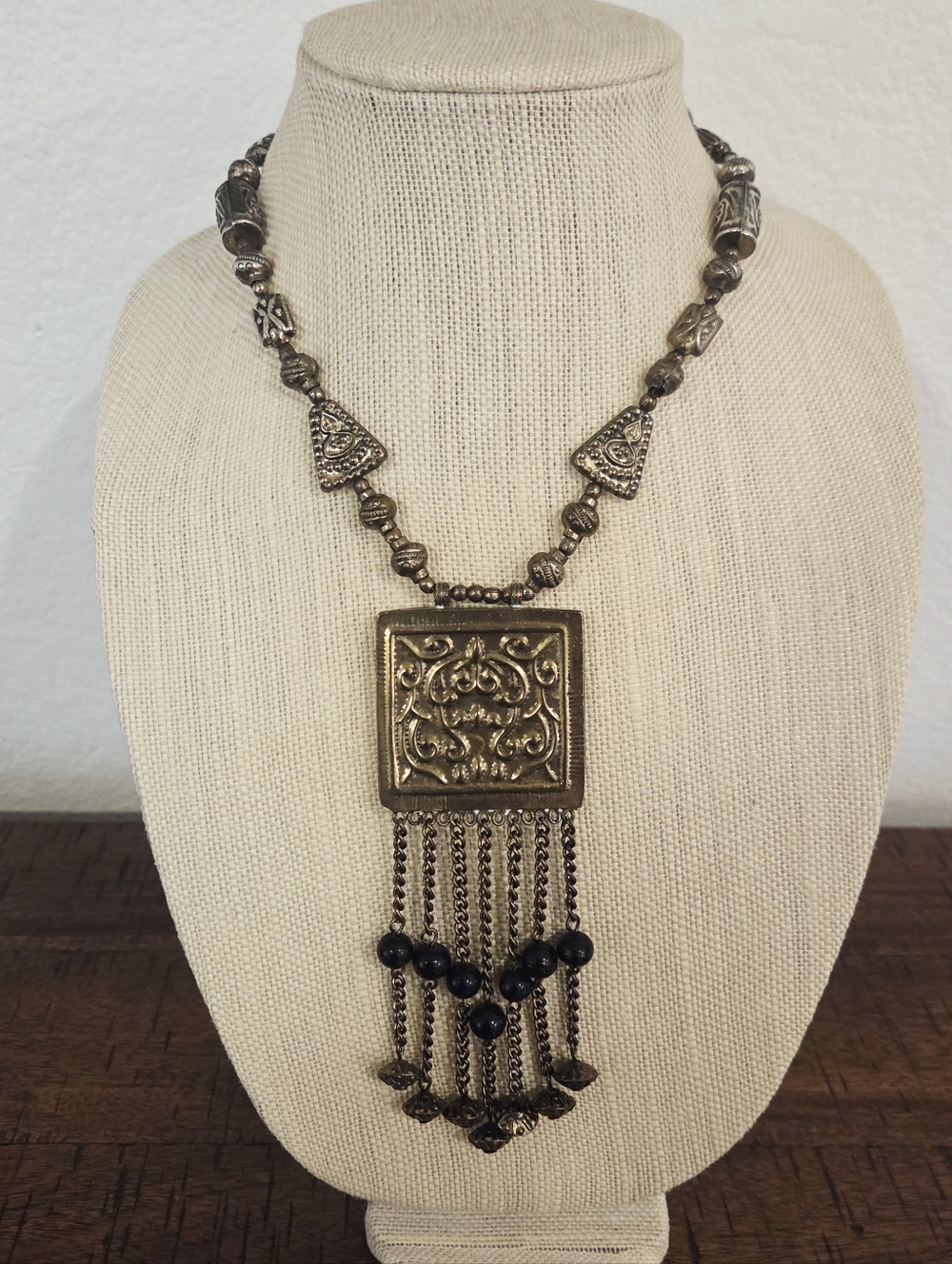 Vintage Antique Silver Tone Sqare Amulet Necklace Pendant